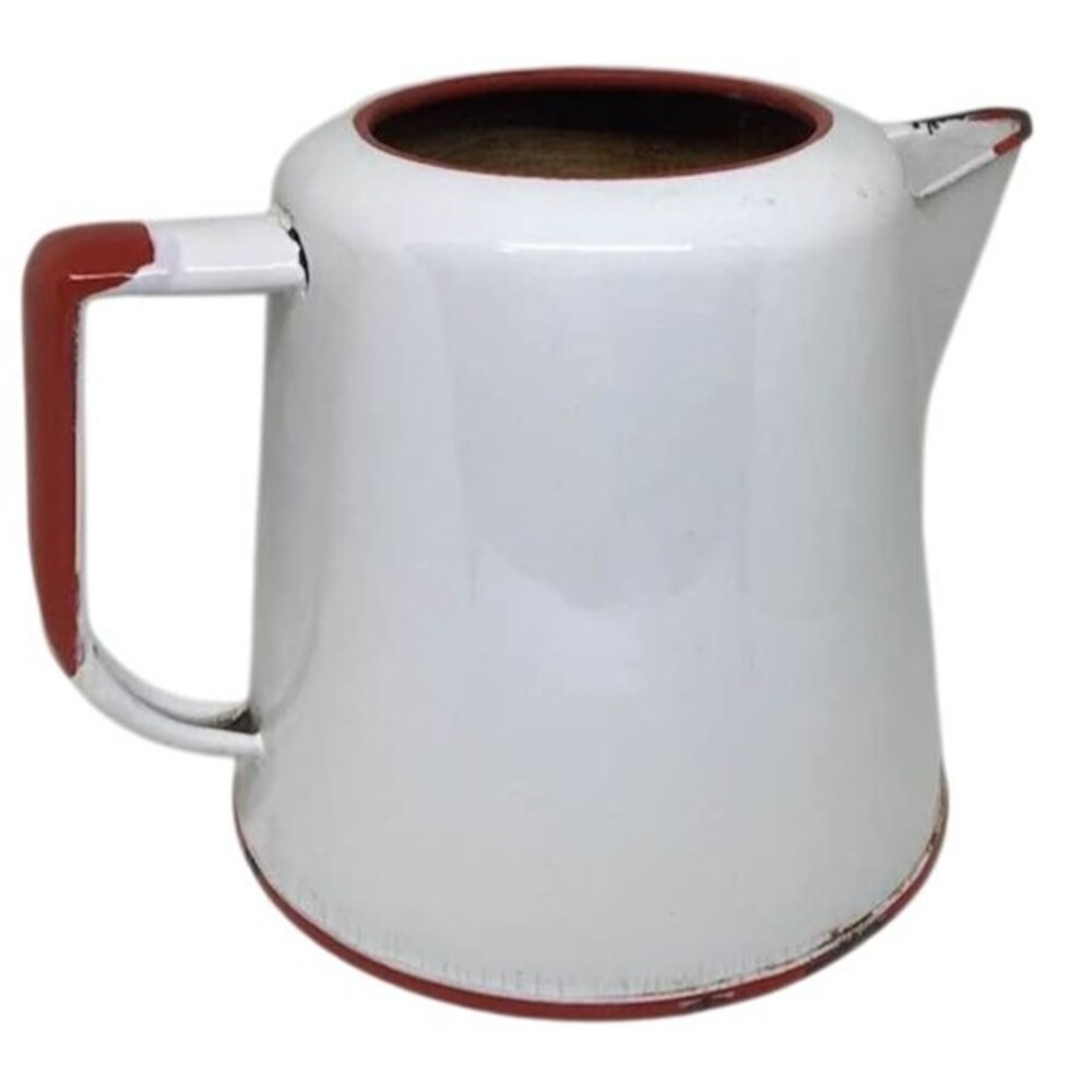 Enamelware Enamel Coffee Pot White Red Vintage Distressed Stained Farmhouse Camp